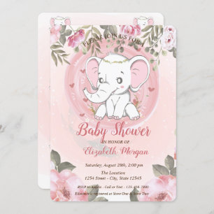 Cute Baby Elephant, Floral Baby shower Kaart