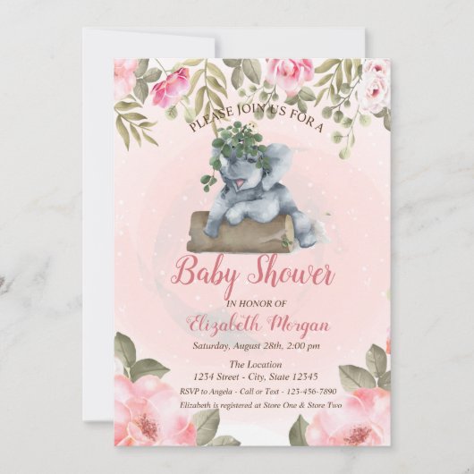 Cute Baby Elephant, Floral Baby shower Kaart (Voorkant)