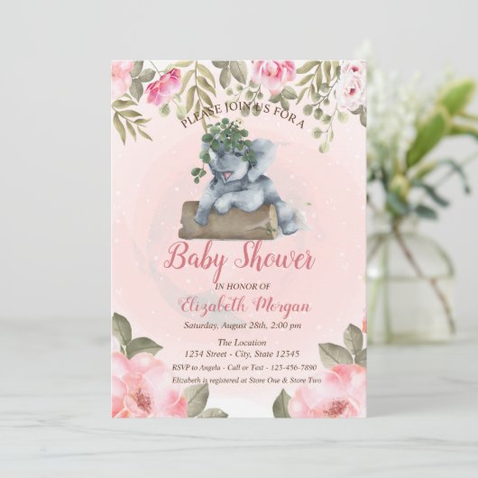 Cute Baby Elephant, Floral Baby shower Kaart (Staand voorkant)