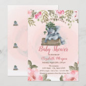 Cute Baby Elephant, Floral Baby shower Kaart (Voorkant / Achterkant)