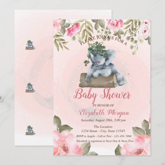 Cute Baby Elephant, Floral Baby shower Kaart (Voorkant / Achterkant)