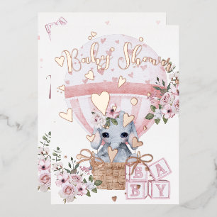 Cute Baby Elephant Floral Pink Rose Folie Uitnodiging