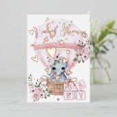 Cute Baby Elephant Floral Pink Rose Folie Uitnodiging (Staand Voorkant)