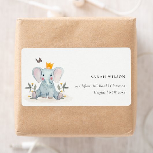 Cute Baby Elephant Foliage Woodland Kinder Adres Etiket (Insitu)