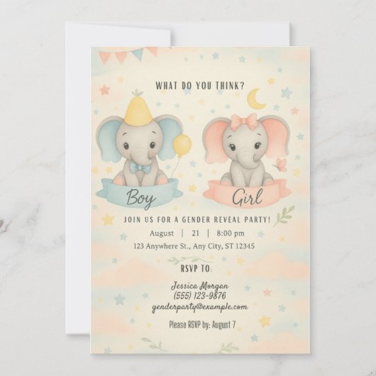Cute Baby Elephant Gender Reveal Invitation Kaart (Voorkant)