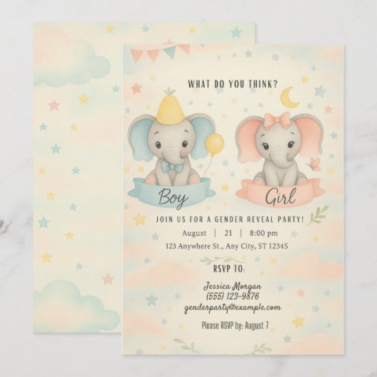 Cute Baby Elephant Gender Reveal Invitation Kaart (Voorkant / Achterkant)
