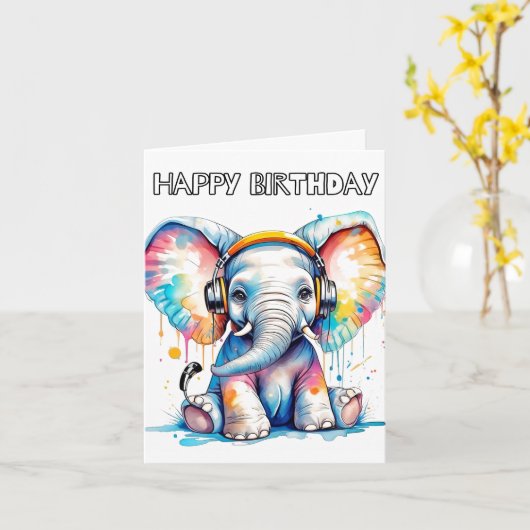 Cute Baby Elephant Happy Birthday Kaart (Gele Bloem)