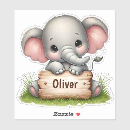 Cute Baby Elephant Holding a Name Sign Sticker (Vel)