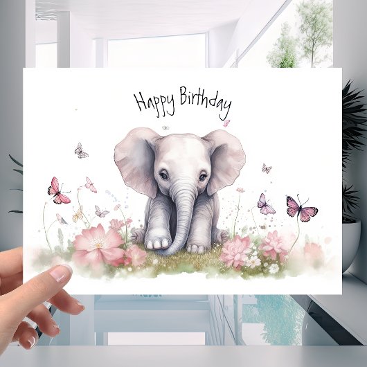 Cute Baby Elephant in Colorful Flowers Birthday Kaart