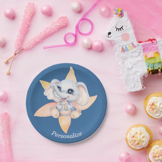 Cute Baby Elephant in Flower Blue Grey Personalize Papieren Bordje (Feest)