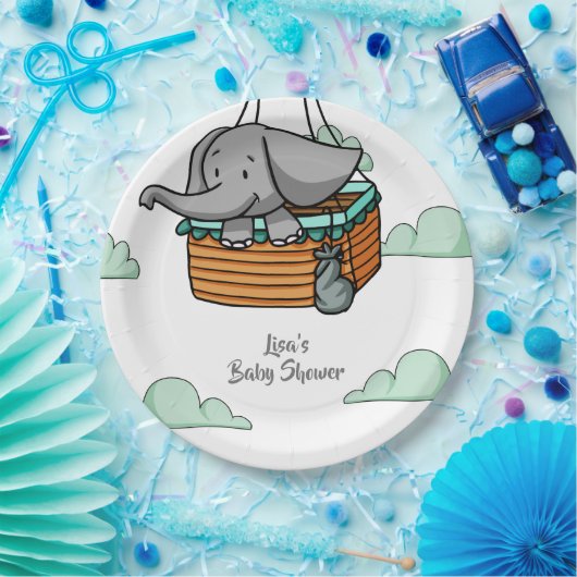 Cute Baby Elephant in Hot Air Ballon Basket Party Papieren Bordje (Feest)