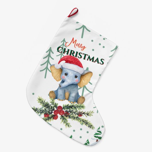 Cute Baby Elephant in Red Santa Hat Grote Kerstsok (Voorkant (Hangend))