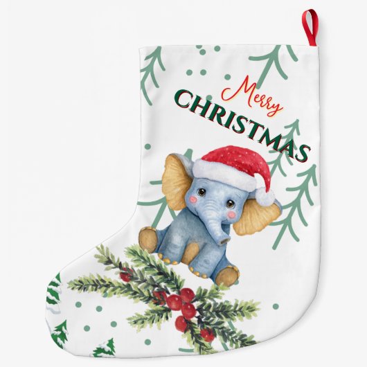 Cute Baby Elephant in Red Santa Hat Grote Kerstsok (Achterkant)