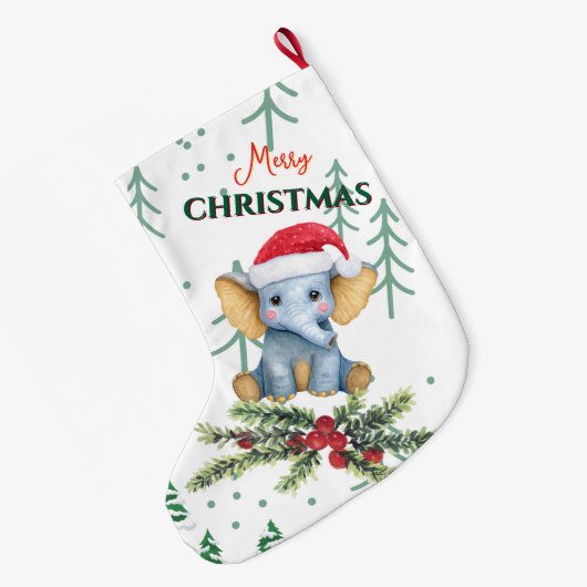 Cute Baby Elephant in Red Santa Hat Grote Kerstsok (Achterkant (Hangend))
