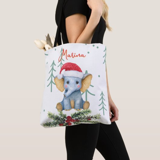 Cute Baby Elephant in Red Santa Hat Tote Bag (Dichtbij)