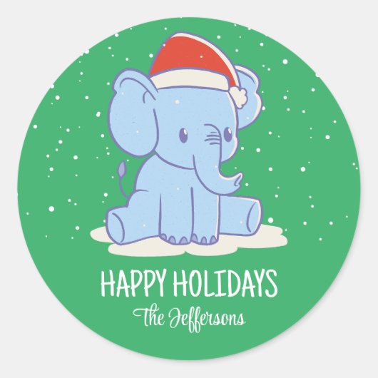 Cute Baby Elephant Kerstmis Snowy Winter Holiday Ronde Sticker (Voorkant)