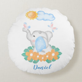 Cute Baby Elephant met bloemen Round Cushion Cushi Rond Kussen
