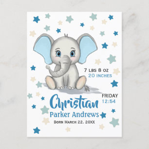 Cute Baby Elephant met Blue Ears Boy Birth Stats Aankondigingskaart
