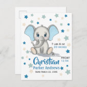 Cute Baby Elephant met Blue Ears Boy Birth Stats Aankondigingskaart (Voorkant / Achterkant)