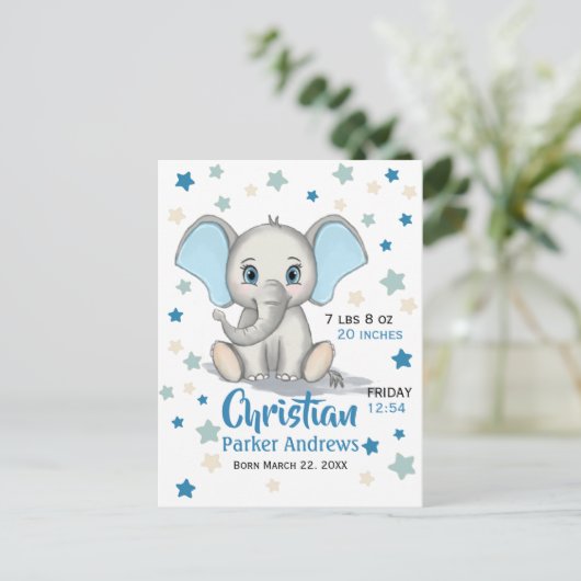Cute Baby Elephant met Blue Ears Boy Birth Stats Briefkaart (Staand voorkant)