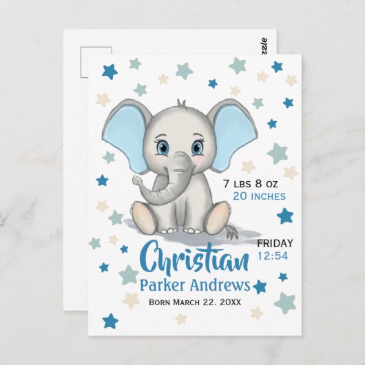 Cute Baby Elephant met Blue Ears Boy Birth Stats Briefkaart (Voorkant / Achterkant)