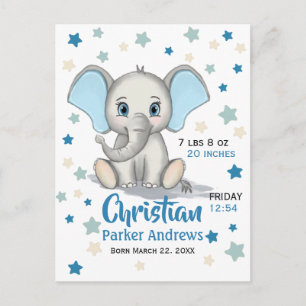 Cute Baby Elephant met Blue Ears Boy Birth Stats Briefkaart