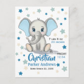 Cute Baby Elephant met Blue Ears Boy Birth Stats Briefkaart (Voorkant)
