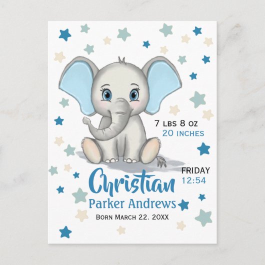 Cute Baby Elephant met Blue Ears Boy Birth Stats Briefkaart (Voorkant)