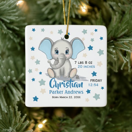 Cute Baby Elephant met Blue Ears Boy Birth Stats Keramisch Ornament (Boom)