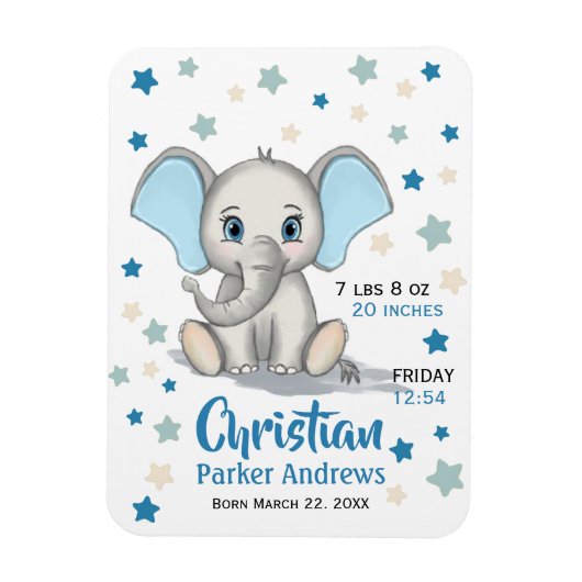 Cute Baby Elephant met Blue Ears Boy Birth Stats Magneet (Verticaal)