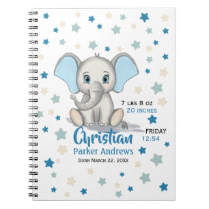 Cute Baby Elephant met Blue Ears Boy Birth Stats Notitieboek