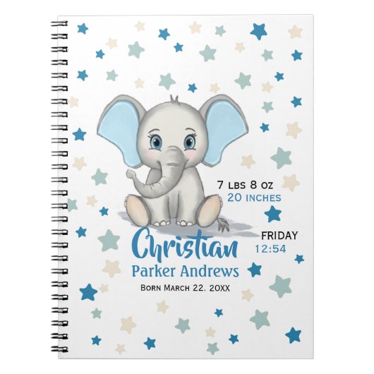 Cute Baby Elephant met Blue Ears Boy Birth Stats Notitieboek (Voorkant)