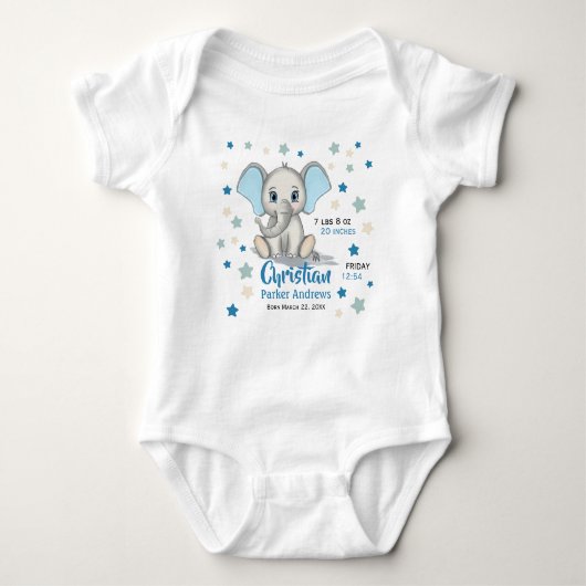 Cute Baby Elephant met Blue Ears Boy Birth Stats Romper (Voorkant)