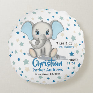 Cute Baby Elephant met Blue Ears Boy Birth Stats Rond Kussen