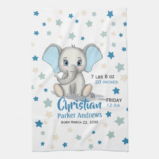 Cute Baby Elephant met Blue Ears Boy Birth Stats Theedoek (Verticaal)