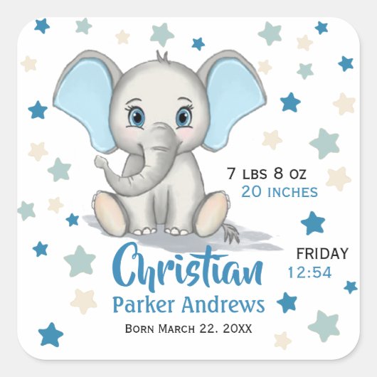 Cute Baby Elephant met Blue Ears Boy Birth Stats Vierkante Sticker (Voorkant)
