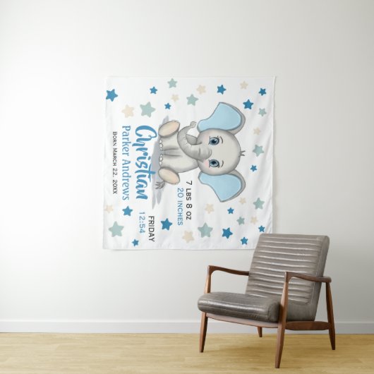 Cute Baby Elephant met Blue Ears Boy Birth Stats Wandkleed (In Situ (horizontaal))