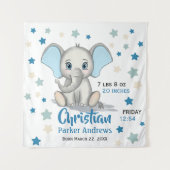 Cute Baby Elephant met Blue Ears Boy Birth Stats Wandkleed (Voorkant)