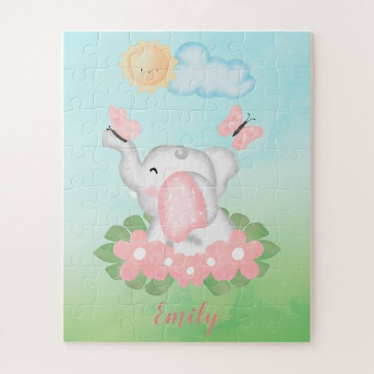Cute Baby Elephant met roze bloemen Legpuzzel (Verticaal)