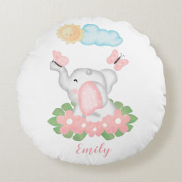 Cute Baby Elephant met roze bloemen Rond Kussen