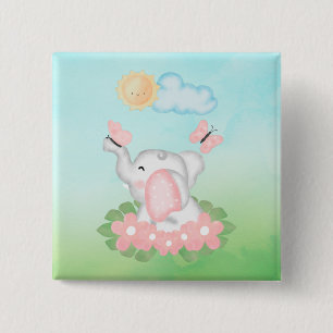 Cute Baby Elephant met roze bloemen Vierkante Button 5,1 Cm