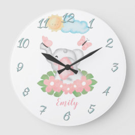 Cute Baby Elephant met roze bloemen Wall Clock Grote Klok