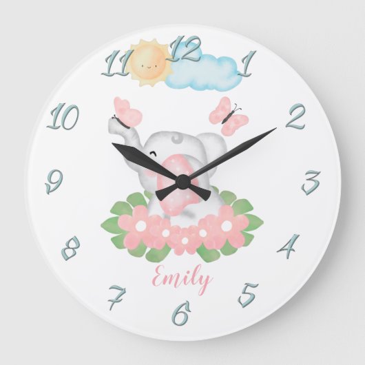 Cute Baby Elephant met roze bloemen Wall Clock Grote Klok (Voorkant)