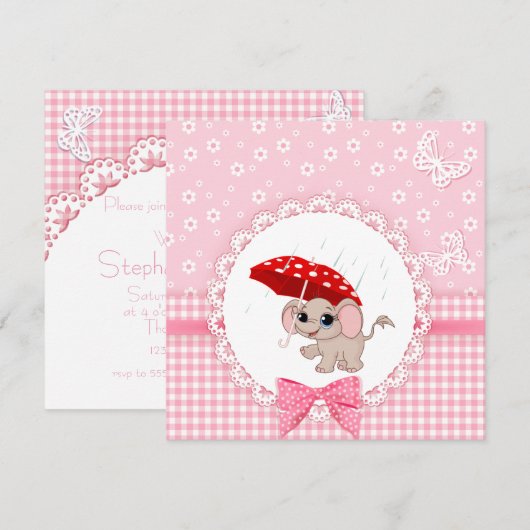Cute Baby Elephant Pink Baby Sprinkle Shower Kaart (Voorkant / Achterkant)