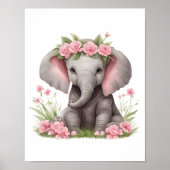 Cute Baby Elephant Pink Flowers Nursery Poster (Voorkant)