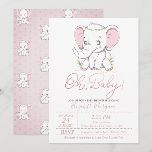 Cute Baby Elephant Stippen Baby shower Invitation Kaart (Voorkant / Achterkant)