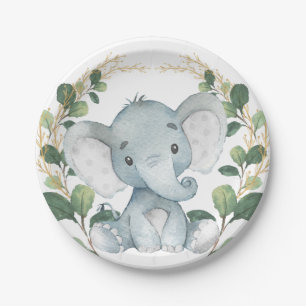 Cute Baby Elephant Waterverf Greenery Gold Party Papieren Bordje