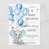 Cute Baby Elephant with Balloons Baby Boy Shower Uitnodiging Briefkaart (Voorkant)