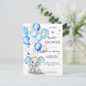 Cute Baby Elephant with Balloons Baby Boy Shower Uitnodiging Briefkaart (Staand voorkant)