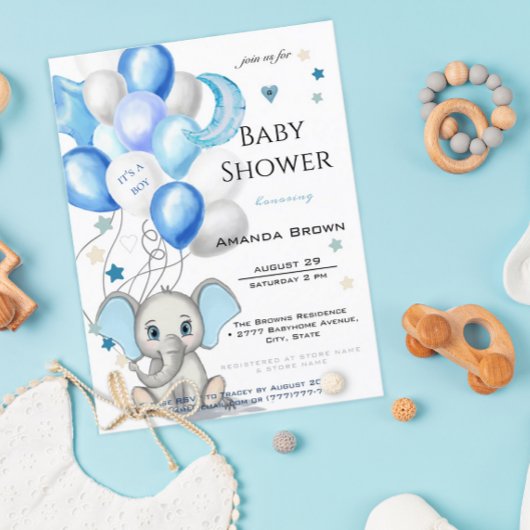 Cute Baby Elephant with Balloons Baby Boy Shower Uitnodiging Briefkaart